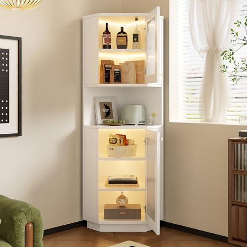 NuvlaGu Badschrank mit Lichtleiste, Eckschrank, MDF, Weiß, 45 x 45 x 166,5 cm, Zwei Ablagefächer, Verstellbare Einlegeböden, Modelliertes Glas (weiß)
