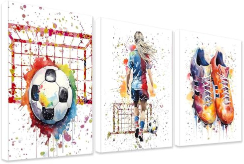 KiKiHong 3er Set Wandbild Fußball mit Rahmen,Bilder Fussball 30x40cm | Wandbild Jugendzimmer Jungen für Mädchenzimmer,Schlafzimmer,Wohnzimmer