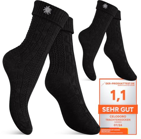 Celodoro Damen und Herren Trachten Socken (2 Paar) mit Edelweiß-Pin Oktoberfest Strümpfe - Schwarz 39-42