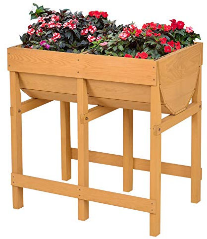 GOPLUS Blumenbeet mit 2 Blumentrögen, Hochbeet mit Liner & Abflusslöcher, Hoch Blumenkasten, Pflanzkasten aus Holz, Blumentrog für Garten, Balkon & Terrasse, Gelb