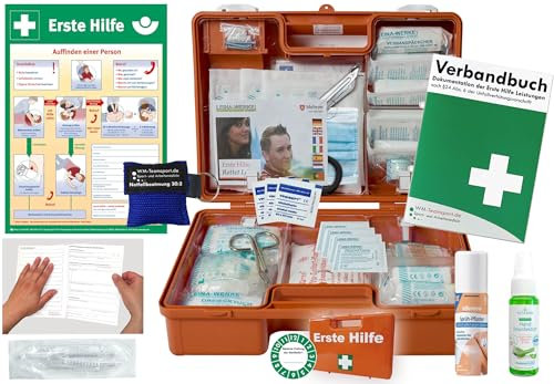 Verbandskoffer/Verbandskasten (M) Typ CSN -Paket 2- Erste Hilfe nach aktueller DIN 13157 für Betriebe INKL. Verbandbuch + Hygiene-Gel, Notfallbeatmung & Sprühpflaster + AUSHANG