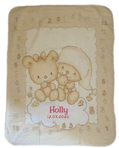 Flauschig warme Decke mit Bestickung (Name + Geburtsdatum o.Ä.) - und mit wunderschöner Motiv Applikation (Bärchenpaar - BEIGE)