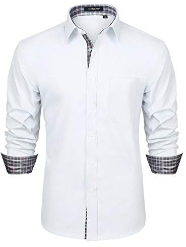 HISDERN White Collar Dress Shirt for Men Button Down Long Sleeve Party Casual Formal Business Classic Shirts Collar Regular Fit Blanc-1 XL