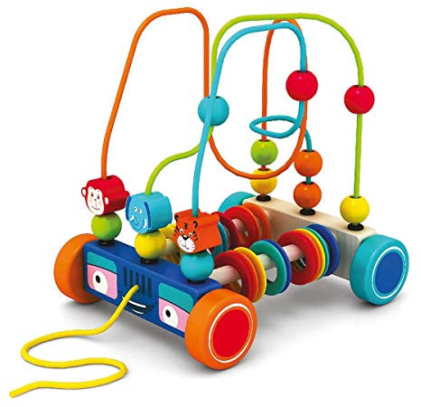 URBN-TOYS Assorted Color Wooden Wire Bead Maze Pull along Toy Car - Animal Slide Bead Maze Toy for Kids, Roller Coaster Activity - Indoor Games for Walkers Boys and Girls