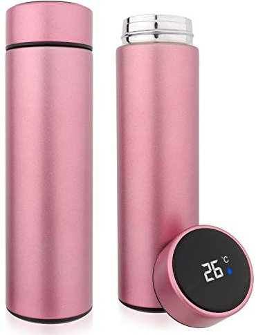 QiCheng&LYS 500ML Travel Mug with Temperature Display 304 Stainless Steel, Double Walled Vacuum Insulation Cup for Heat and Cold Water(Pink)
