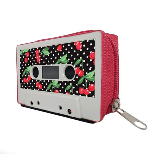 Mancha de Creación - Geldbörse für Kassette, Geldbörse, Kartenfach, mit Reißverschluss, originelles Design, Retro, Vintage, für Damen und Herren, Zeichnung Kirschen, Cremallera Roja, Retro