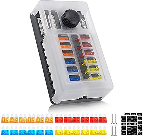 12 Way 12V Fuse Box 12Volt Blade Fuse Block Holder, 12 Circuit W/Negative Bus Waterproof Fuse Box with LED Indicator for 12V/24V Automotive Golf Cart Truck Car Boat Marine RV Van Vehicle