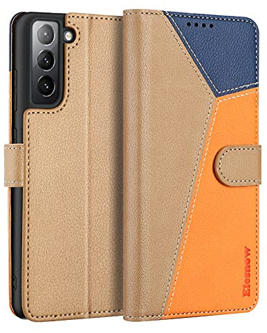 ELESNOW Funda para Samsung Galaxy S21, Carcasa Magnética Tarjetero Tapa de Cuero para Samsung Galaxy S21 4G / 5G (Caqui/Orange/Azul)