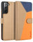 ELESNOW Funda para Samsung Galaxy S21, Carcasa Magnética Tarjetero Tapa de Cuero para Samsung Galaxy S21 4G / 5G (Caqui/Orange/Azul)
