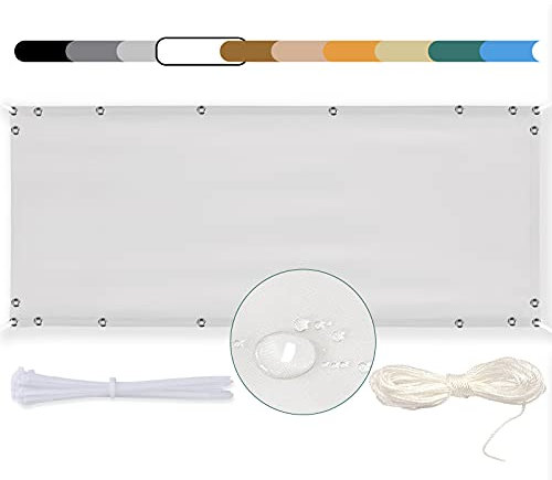 MEEYI Balkon Sichtschutz 80x150cm Balkon seitenmarkise Balkonabdeckung Balkonverkleidung Wind-und UV-Schutz Wetterfest mit Kabelbinder Ösen Seil, für Balkongeländer, Terrasse & Garten Weiß