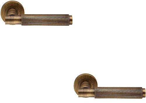 2 PACK Knurled Grip Round Bar Handle on Round Rose - Concealed Fix - Antique Brass | Designer Door Handle Lever on Screwless Rose - Internal Door Hardware - Screws, Fixings and Spindle Included