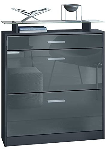 Vladon Schuhschrank Loret, Schuhkipper für 16 Paar Schuhe mit 2 Klappen, 1 Schublade und Glasablage, Anthrazit matt/Grau Hochglanz, (89 x 104 x 23 cm).