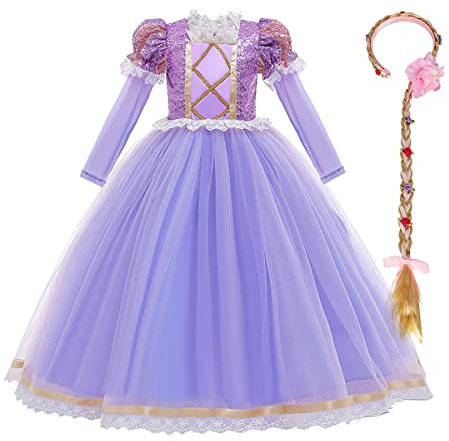 FYMNSI Mädchen Prinzessin Kostüm Kinder Cosplay Langarm Langes Tüll Kleid mit Perücke für Karneval Fasching Halloween Weihnachten Geburtstag Party Ankleiden Verkleidung Lila 7-8 Jahre