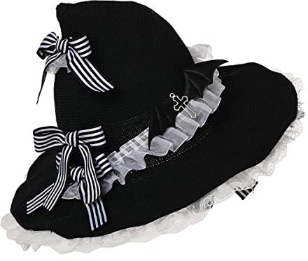 COSDREAMER Damen Hexenhut, rote Schleifen, Wollstrickmütze (Schwarz Weiß)