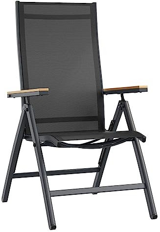 OUTLIV. Kobe Klappsessel Kobe Aluminium Textilene, Wetterfest, Pflegeleicht, Rückenlehne Verstellbar, Teak-Armlehnen, Anthrazit, 60x73x110cm