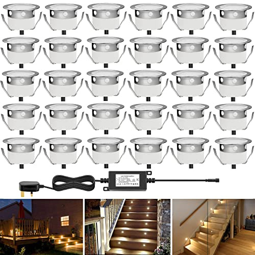 CHNXU Low Voltage Outdoor LED Decking Lights 30mm Recessed Garden Lights Waterproof IP67 Deck Lighting Kits for Kitchen Plinths Bathroom, Patio Deck Yard Garden (30 Pack, Warm White)