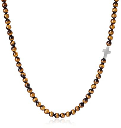 GAVU Kristall Perlenkette mit 6mm Braunes Tigerauge und Kreuz Charm Geschenke für Herren 60cm