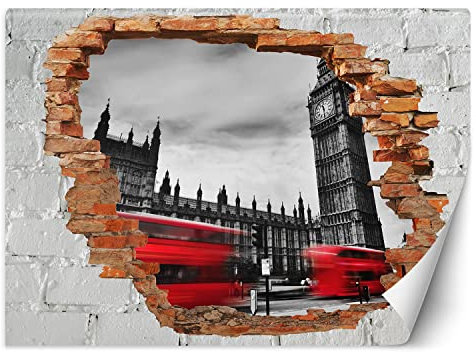 Feeby Fototapete Stadt Abstrakt Loch in der Wand 200x140 cm Rot XXL Vlies Wandtapete Tapeten Wohnzimmer Schlafzimmer Büro Flur Moderne Design Wandbilder Wand Dekoration Bus Big Ben London