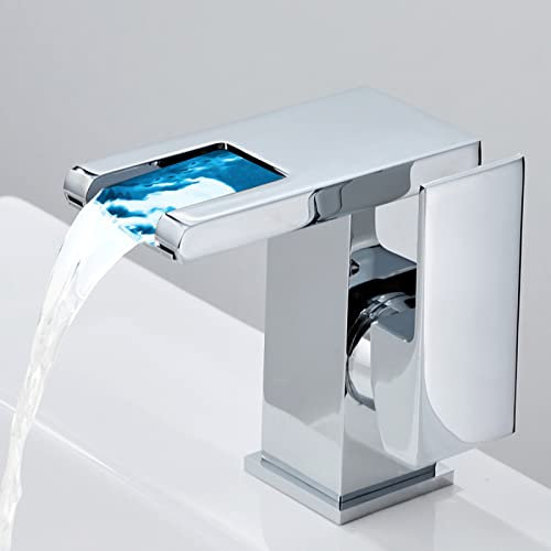 DUSROC Waterfall Tap Led, 3-Color Changing Lavatory Vanity Faucet, Taps for Bathroom Basin Brass, Hot and Cold Water Mixer, Single Handle 1 Hole Waterfall Basin Mixer, Chrome Efficency