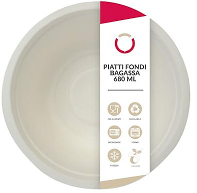 DOT Horeca Solutions 200 Piatti fondi in carta bagassa 680 ML alta qualità usa e getta monouso ciotola polpa di cellulosa biodegradabili compostabili riciclabili bio bianco canna da zucchero
