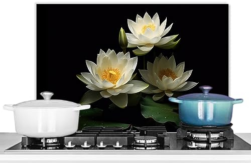 KitchenYeah© Crédence pour la Cuisine Murale 70x50 cm Aluminium Accessoire Déco Protège Mur Plaque Anti Protection Lotus - Fleurs - Blanc - Nature - Noir