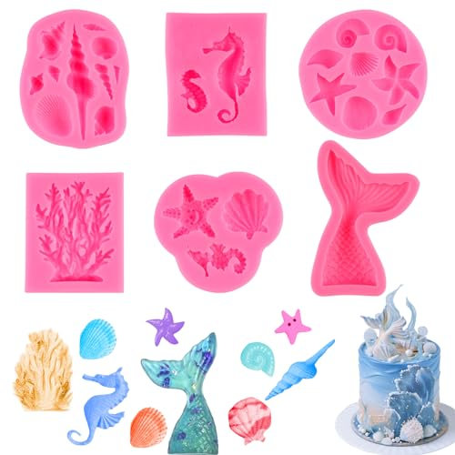 RICKMASK 6PCS Silikonform Fondant Silikonform Meerjungfrau Ozean Tiere Fondant Form 3D Seifenformen Silikon DIY Backformen Set für Kinder Süßwaren, Snacks, Kuchen Backen
