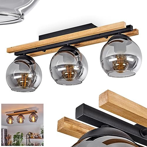 Plafonnier Podre, plafonnier en métal/bois/verre noir/naturel/fumée, luminaire avec abat-jour en verre (Ø 15 cm), 3 x E27, ampoule(s) non incluse(s)