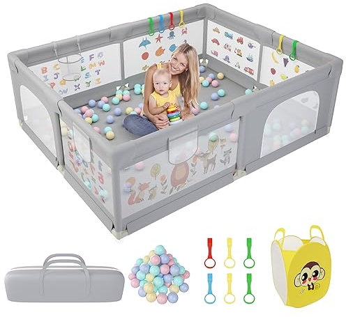 Laufstall Baby, 200x160 CM Extra-großes Laufstall für Apartment, Kinder Laufstall mit weichem atmungsaktivem Netz, inklusive 50 Bällen, 6X Zugringen, 1X Ballaufbewahrungskorb-Grau