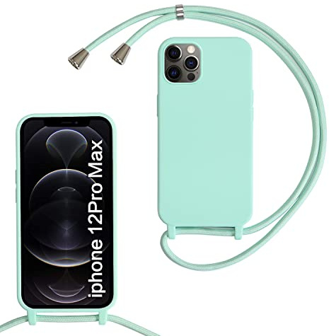 Beajew Compatible for iPhone 12 Pro Max Case, Silicone Protective Phone Case with Strap Adjustable Neck Cord Necklace Soft Cover, Shockproof Protective Shell TPU Stylish Case, Mint Green