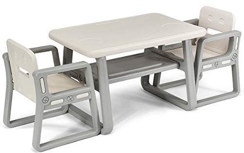 COSTWAY Kids Table and Chairs Set, Children Play Tables with Storage Rack, 3PCS Toddler Activity Furniture for Learning, Drawing, Dining (Beige)