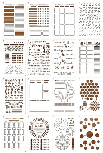 MWOOT 16 Stück Tagebuch Schablonen Journal Stencils Kit, Wiederverwendbares Malerei Vorlage Bemalen, DIY Schablone zum Malen an Wand, Geschenkkarte, Scrapbooking, Partygeschenke Dekoration (20x13CM)