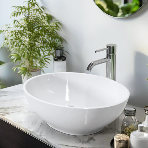 EMKE Waschbecken Aufsatzwaschbecken Oval, Hängewaschbecken für Badezimmer Gäste WC 35 x 27 x 11 cm, Waschbecken Oval Klein Waschbecken Bad Keramikwaschbecken Waschtisch Weiß