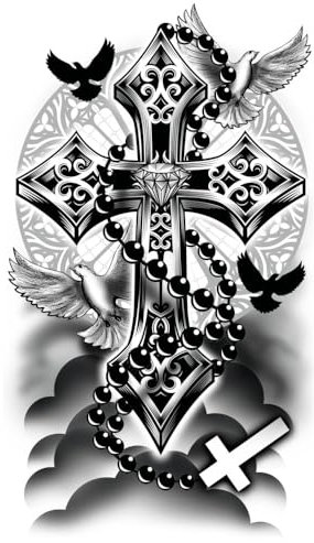 Fiestas GUiRCA Künstliches Tattoo eines Kreuzes mit Rosenkranz und schwarzer Taube