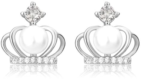 ankbrats Perlenohrringe Silber 925 Damen, Krone Süßwasserperlen Silber Ohrringe Stecker mit Zirkonia, Hypoallergene Ohrstecker Silber 925 mit Perlen für Mädchen Weihnachten (Silber)