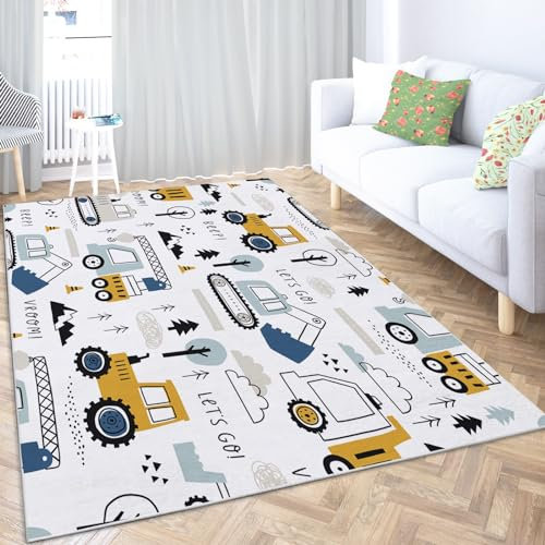 Wohnzimmer und Schlafzimmer Teppiche 180x240 cm, Cartoon-Autos Technische Fahrzeuge Bagger Muster Teppiche Weiche Kurzflor Flanell Rutschfest Waschbar, Teppich für Kinderzimmer Esszimmer Dekor