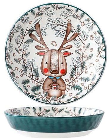 XNSHUN Speiseteller Porzellan, Bunt Dessertteller Frühstücksteller 20cm Salatschüsseln, Keramik Pastateller Mikrowelle, Backofen Und Spülmaschinenfest, Cartoon Stil Gerichte Für Küche (Elch)