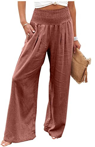 KONG JIMFAN Hose Damen Leinenhose Hosen Damen Locker Lässig Weite Hosen Damen 7/8 Blau Weiß Gestreifte Leinenhose Damen Hosenanzug Freizeithose Damen Kurzgröße(Rot,M)