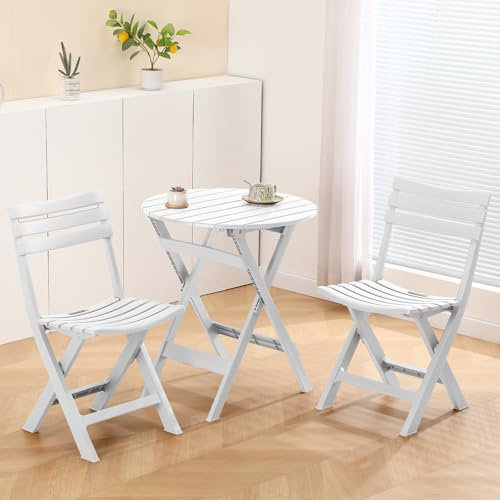 TAO ONE Bistroset 3-Teilig, Balkonset 2 Stühle 1 Tisch, Balkonmöbel Klappbar, für den Innen- und Außenbereich mit Rückenlehne, Klappbares Terrassenmöbel-Set für Balkon,Garten, Schwimmbad, Weiß