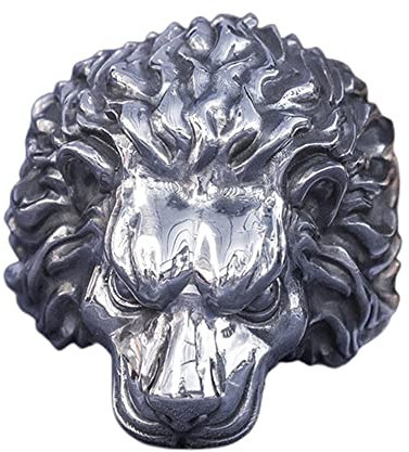 Ring Ornamente, Ausgefallener S999 Sterling Silber Herren-Löwenkopfring, Gothic Retro Domineering Animal Lion Head Ring, Silber, 12