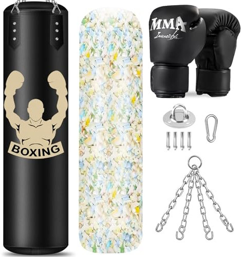 NZQXJXZ Gefüllter Boxsack Hängend für Erwachsene, 120cm Hängesack aus PU-Leder mit 5kg Schwammfüllung und 12oz Boxhandschuhe, Boxausrüstung für das Training von Boxen Kickboxen MMA Muay Thai Karate