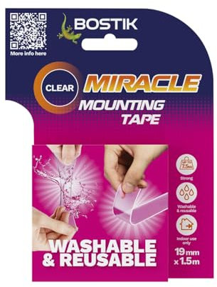 Bostik Ruban adhésif de montage | Transparent | Ruban de montage double face ultra résistant | Lavable et réutilisable | Supporte 1 kg par 20 cm | Rouleau de 19 mm x 1,5 m