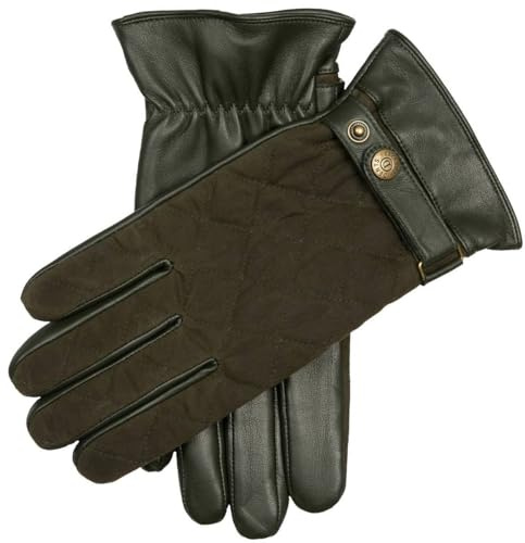 Dents Mens Bruton Waxed Cotton Quilted Touchscreen Leather Gloves - Olive Green