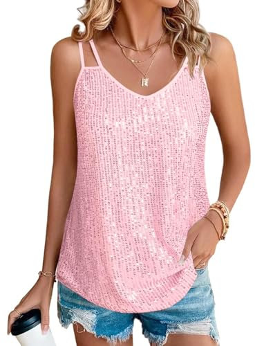 Suncife Damen Pailletten Oberteil Tank Glitzer Top Glitzertop Party Frauen, Rose, L
