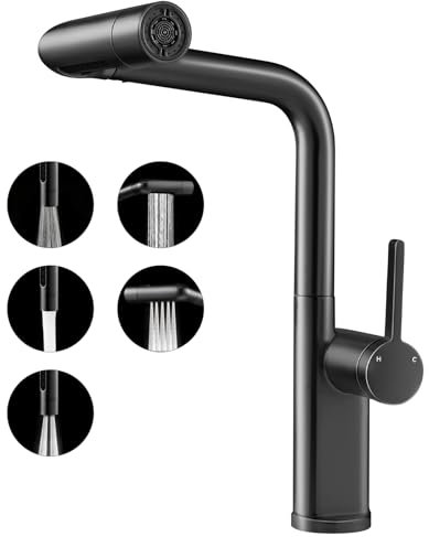 Warmiehomy 5 Modes Kitchen Taps Mixer with Pull Out Spray,High Arc 360° Swivel Dual Spout Pull Down Stainless Steel Kitchen Sink Taps,Black