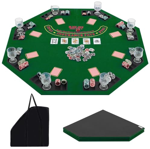 COSTWAY Pokermatte 120 x 120 cm, Texas Holdem, Pokertisch-Auflage faltbar für 8 Spieler mit Getränkehaltern, Pokerteppich mit Tragetasche, Pokerauflage achteckig, Grün