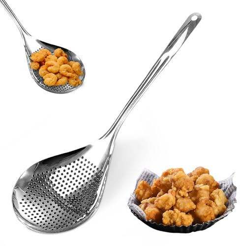 WANDGU 36CM Louche en Acier Inoxydable: 1 pièce Louche d'égouttage en Acier Inoxydable 304, Louche Ergonomique pour Soupe, Friture et Wok (Argent)