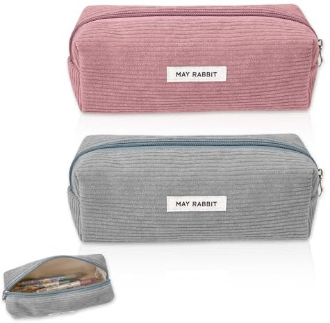 JOZMMZEOOA 2 Pièces Rousse à Crayons Velours Côtelé, Trousse Scolaire Pencil Case Grande Capacité Trousse Scolaire Sac de Rangement Portable Trousse avec Fermeture Eclair（Rose,Gris）