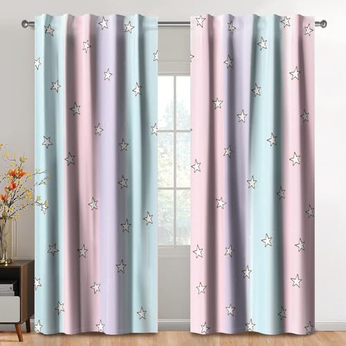Kzzfqxb 117x183cm, Vorhänge mit Regenbogensternen 2 Paneele, blau rosa lila Verbindungsfarbe Elegante für Mädchenschlafzimmer und Wohnzimmer Dekor