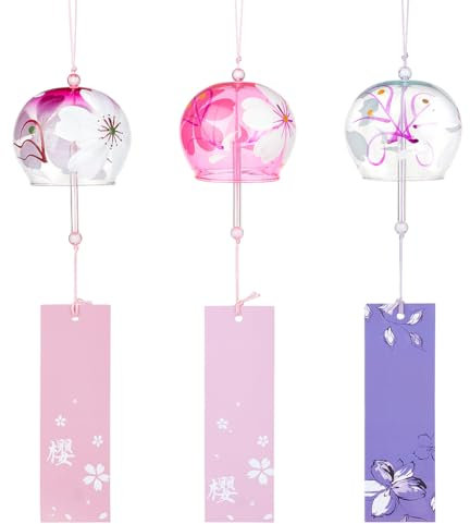 BENECREAT Carillons Éoliens Japonais 3 Couleur Rose Rouge Rose Clochettes à Vent en Verre Faites à la Main Motif Cerisier Romantique Violet pour Cadeau de Mariage Ou de Festival Fenêtre de Jardin