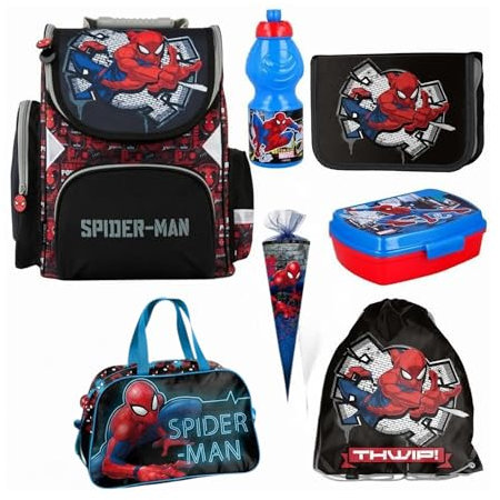PASO- Schulranzen für Jungen und Mädchen - Schul-Rucksack für Kinder mit Federmäppchen - Schuhbeutel - Spider-Man Motiv - 1-3 Klasse (7er-Set)